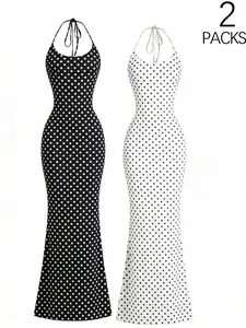 Women's Solid Color & Leopard Print Halter Neck Tailored Long Dress Set, Womenswear, Y2K Vintage Sexy Formal Style, Slim Fit, High Elastic Fabric, Perfect for Parties, Gowns