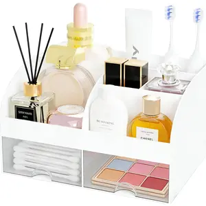 Transparent 2-Drawer Cosmetic Storage Box - Classic Home Organizer with Beauty Brush Holder, Makeup & Skincare Display Case for Dresser Vanity (Ideal as a Gift)