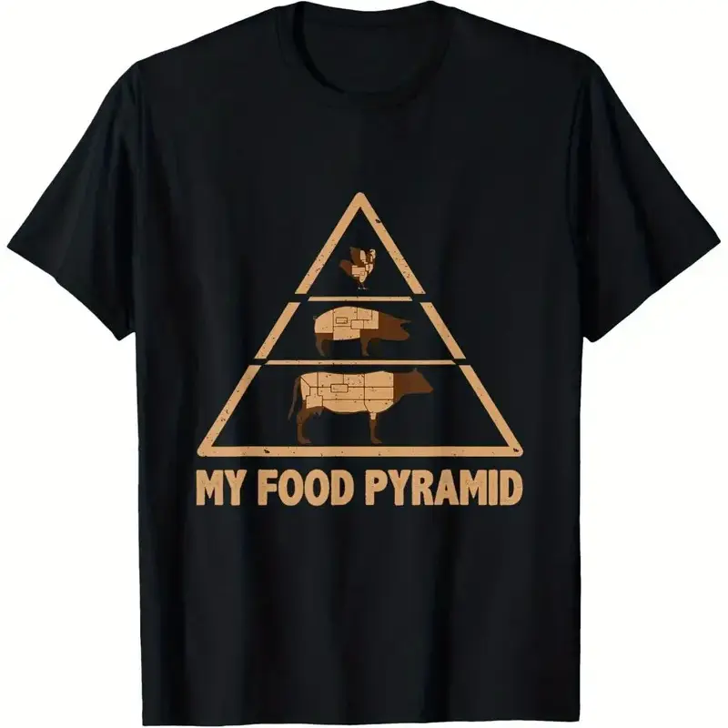 Men's Meat Lover Food Pyramid Graphic Tee, Funny Carnivore Crewneck 100% Cotton Relaxed Fit Tshirt, Classic, Fabric, Menswear, Soft, Comfy, Shortsleeve, Breathable, Casual, Top, Round Neck, Meat Lover Art, Relaxed Cut