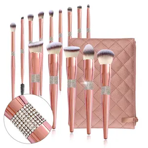 Luxury Multi-Functional Makeup Brush Set with Rose Gold Handles and Sparkling Diamond Accents in Elegant Case
