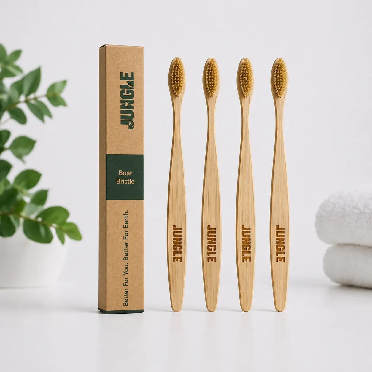 Jungle Boar Bristle Bamboo Toothbrush 4 Pack, Plastic-Free and Microplastic-Free Natural Toothbrush for Adults, Medium Bristles