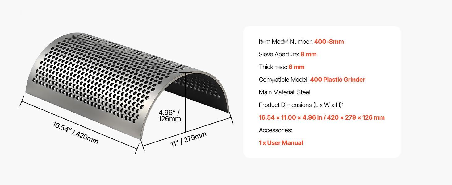 Screen Mesh For Plastic Shredder, High-Quality Steel Durable Mesh, 0.315 In/8 Mm High-Precision Aperture Screen, Compatible With Model 400 Plastic Grinder, Suitable For Small Particle Recycling