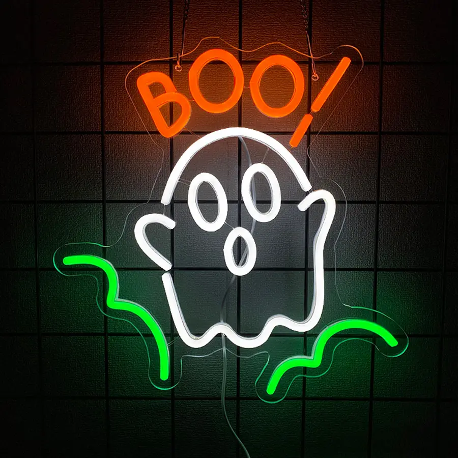 Ghost Neon Sign, BOO Neon Signs for Wall Decor Neon Pink LED Signs Room Neon Light Up Signs Home Decor for Bedroom Club Party Bar Shop,USB Powered Easy Hanging