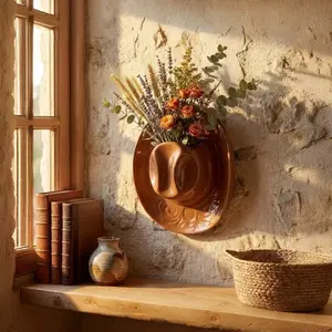 Wall Vases for Flowers,  Ceramic Cowgirl Hat Hanging Vase 8" - Unique Western Design for Home Decor & Versatile Display Options