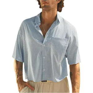 GORGLITTER Men's Cropped Button Up Shirts Striped Short Sleeve Crop Tops Summer Vacation Cruise Outfits