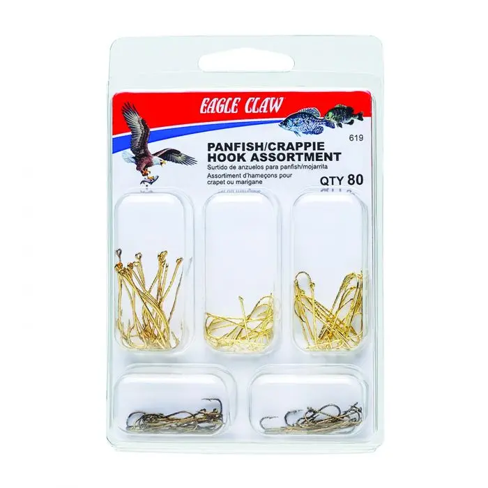 Eagle Claw 619H Aberdeen-Style Metal Hooks Assortment Set, 80-Piece Multi-Size Kit for Panfish Fishing, Aberdeen-Style Hooks, Easier Penetration, Multipack, 80-Pieces, Sizes 2-8, Crappie Hooks