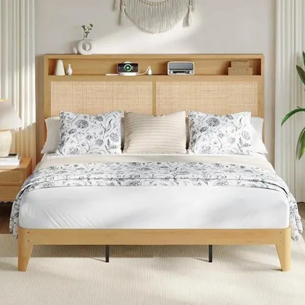 GARVEE Rattan King Bed Frame with Natural Rattan Headboard,Bohemian King Bed Frame with LED Lights & Charging Station,2 Tier Storage Headboard,Under Bed Storage,No Box Spring Needed