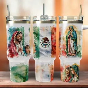 Virgenita México 40 Oz Tumbmer - Mexican Flag Design with Floral Accents, Ideal for Beverages - Bottle, Drinkware