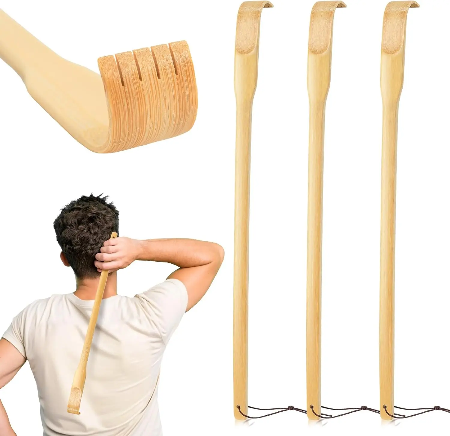 Bamboo Back Scratcher, 3 Pack of 16.5 Inch Wooden Self-Massagers for Itch Relief, Therapeutic Tool with Lanyard for Pregnancy, 16.5 Inches, 3 Back Scratchers, 3 Pieces