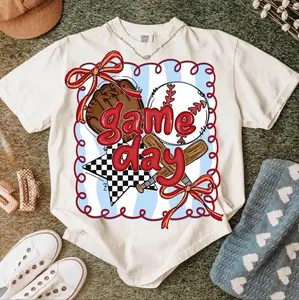 Game Day Baseball Coquette Graphic T-Shirt, Retro Checkerboard Bow Baseball Print Tee, Oversized Comfort Colors Shirt, Cute Casual Short Sleeve Top, Trendy Game Day Aesthetic Cotton Tee for Baseball Fans and Game Day Outfits