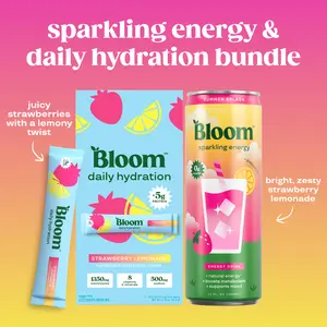 Summer Splash Bundle - Bloom Pop Summer Splash Prebiotic Soda (12 Pack) + Daily Hydration Sticks Strawberry Lemonade (5 Sticks)  - 1350mg Electrolytes, 5g Protein, Gut Health, Sugar-Free, No Caffeine, Hydration & Recovery