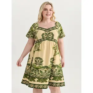 BLOOMCHIC Women's 2026 Summer Plus-Size Bohemian Large Floral Print Sweetheart Neck Short-Sleeve Polyester Smooth Fabric Casual Mini Dress, M-6X Mother's Day Pick with Flattering Fit Green Womenswear 2026 Summer Vibes Swimweek