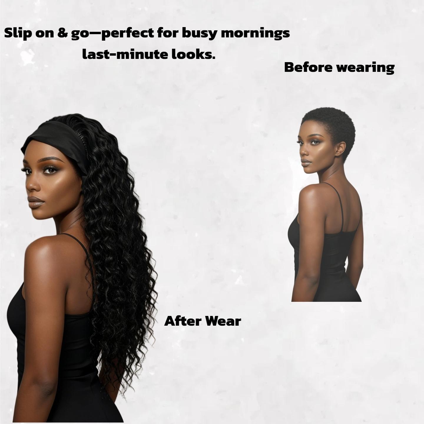 chocolate brown wigHeadband Wig — Synthetic Deep Wave Wig (26 Inches) — Glueless, Lace-Free Front — Deep Curl Texture — Brazilian Virgin Hair — "Ready-to-Wear" Style — Designed for Black Women — 150% Hair Density