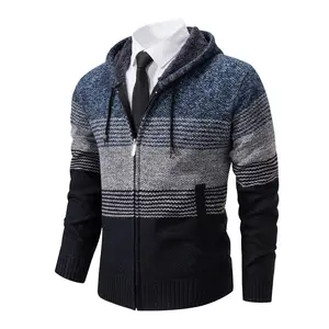 Men's Color Block Striped Hooded Knit Cardigan - Casual Fleece-Lined Zip-Up Sweater Jacket with Pockets, Drawstring Hood for Fall & Winter Outdoor Wear