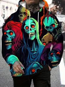Bold Graphic Hoodie with Adjustable Hood and Kangaroo Pocket, Casual Halloween Party Wear, Soft Fabric Street Fashion Design