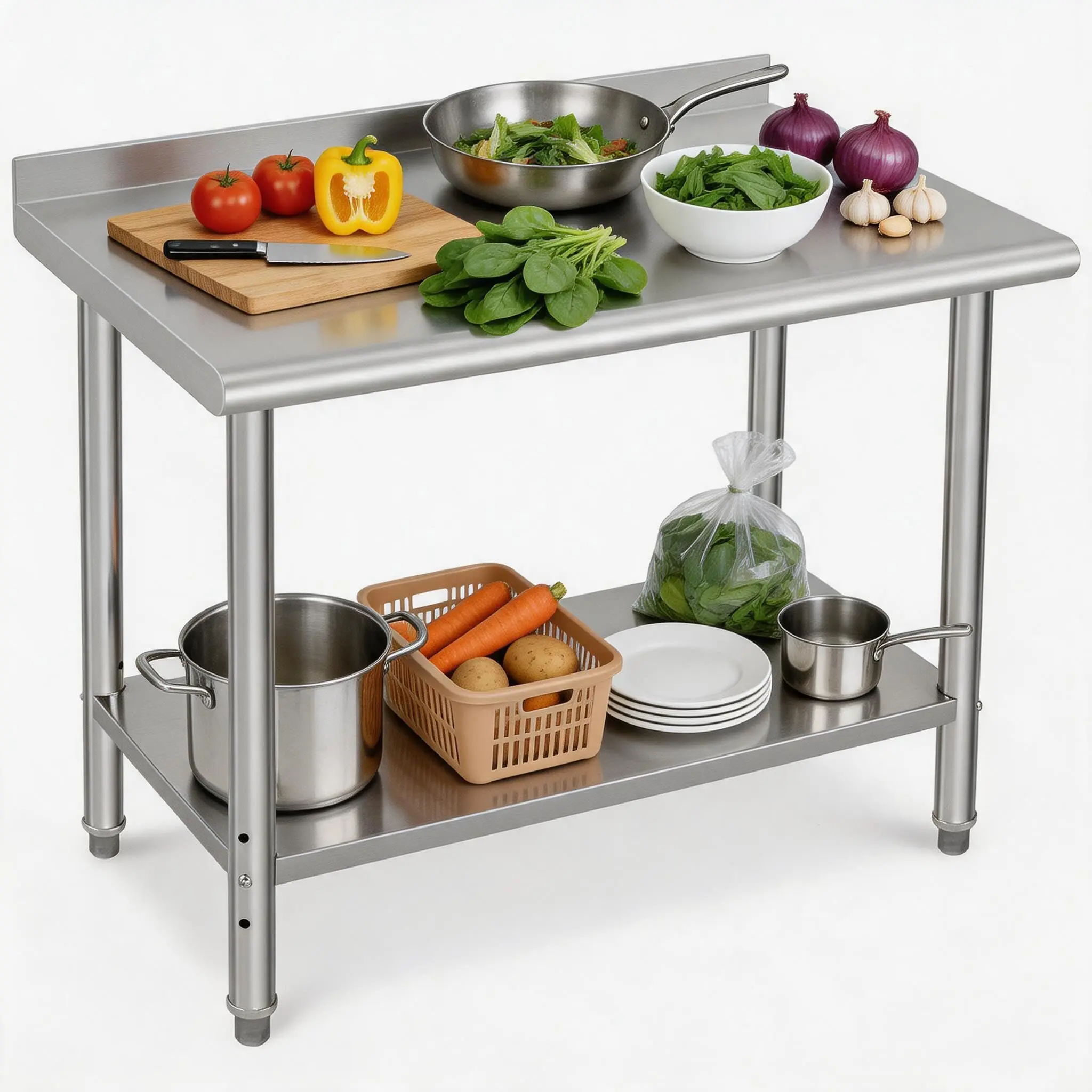 Stainless Steel Prep & Work Table, Adjustable Utility Kitchen Cart with Storage, Heavy Duty Commercial Restaurant & Outdoor Cooking Counter with Backsplash