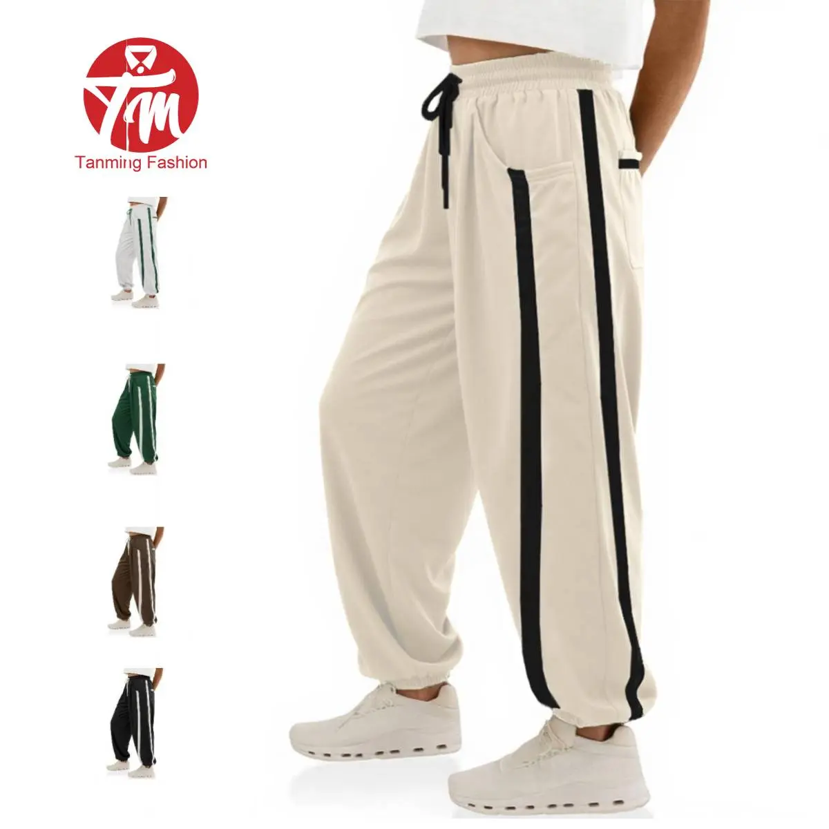 Tanming Women's High-Waist Drawstring Casual Wide-Leg Pants - Polyester, Loose Fit, Baggy Cotton, Broad-Leg, Casual Fashion Sweatpants with Pockets for Spring Athletic Wear, Polyester Pants, Loose Fit Pants
