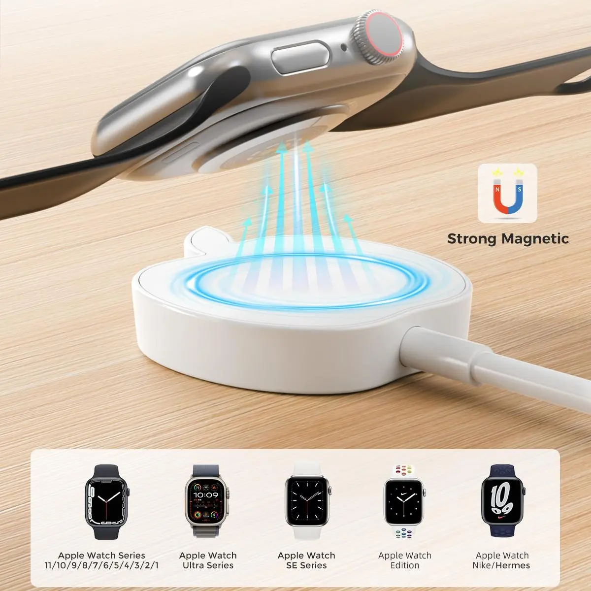 Apple Shape USB-A Charger for iWatch Series 11-1/Ultra 3-1/SE 2-1, 2.5W Magnetic Charging Cable for Watch All Models, TPE Soft Cord 3.3FT for Home/Travel Adapter Connector