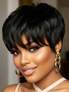 Short Pixie Cut Human Hair Wig Burgundy 99j, Full Machine Made, Natural Straight, Short Wig with Bangs for Women