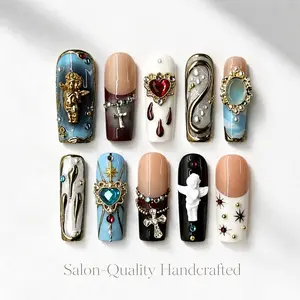 Press On Nails Long Coffin 10 Pieces, Handcrafted Luxury Gothic Fake Nails with 3D Angel Charms, Rhinestones, Cross Decorations, and French Tip Designs for Party and Salon Style