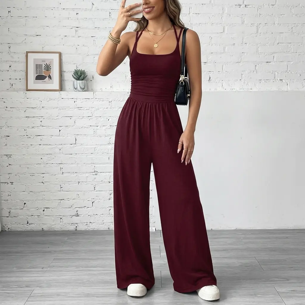 Women's Sleeveless Fitted Jumpsuit, Stretchy Soft Fabric Wide-Leg Cami One- Piece, Slimming High-Waist Lounge & Going-Out Outfit Womenswear - TikTok  Shop
