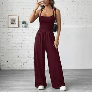 Women's Sleeveless Fitted Jumpsuit, Stretchy Soft Fabric Wide-Leg Cami One-Piece, Slimming High-Waist Lounge & Going-Out Outfit Womenswear