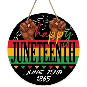 【summervibes】Happy Juneteenth Front Door Sign, June 19th 1865 African American Emancipation Freedom Wood Door Hanger Decor, Black History Wooden Wreath Indoor Wall Hanging Decoration