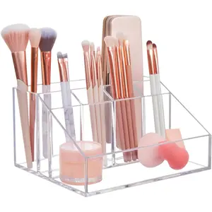 Chloe Clear Plastic Stackable Makeup Brush Holder, Rectangular 6-Compartment Organizer for Brushes, Cosmetics & Beauty Supplies, Made in USA