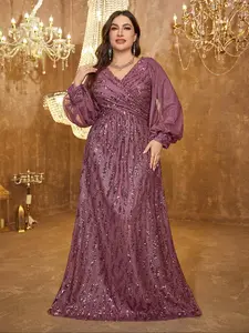 【Plus Size】 Glitter Sequins Embroidered Evening Dress, Elegant Cross V Neck Long Sleeve Maxi Dress for Party Banquet, Women's Clothes for Summer, Womenswear