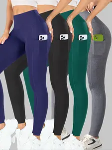 4PCS Ladies' Solid Square Pockets Yoga Pants, High-Waisted Tight-Fit Sporty Style, Suitable for Gym & Home Workouts Gym Sports, All-Seasons Suitable