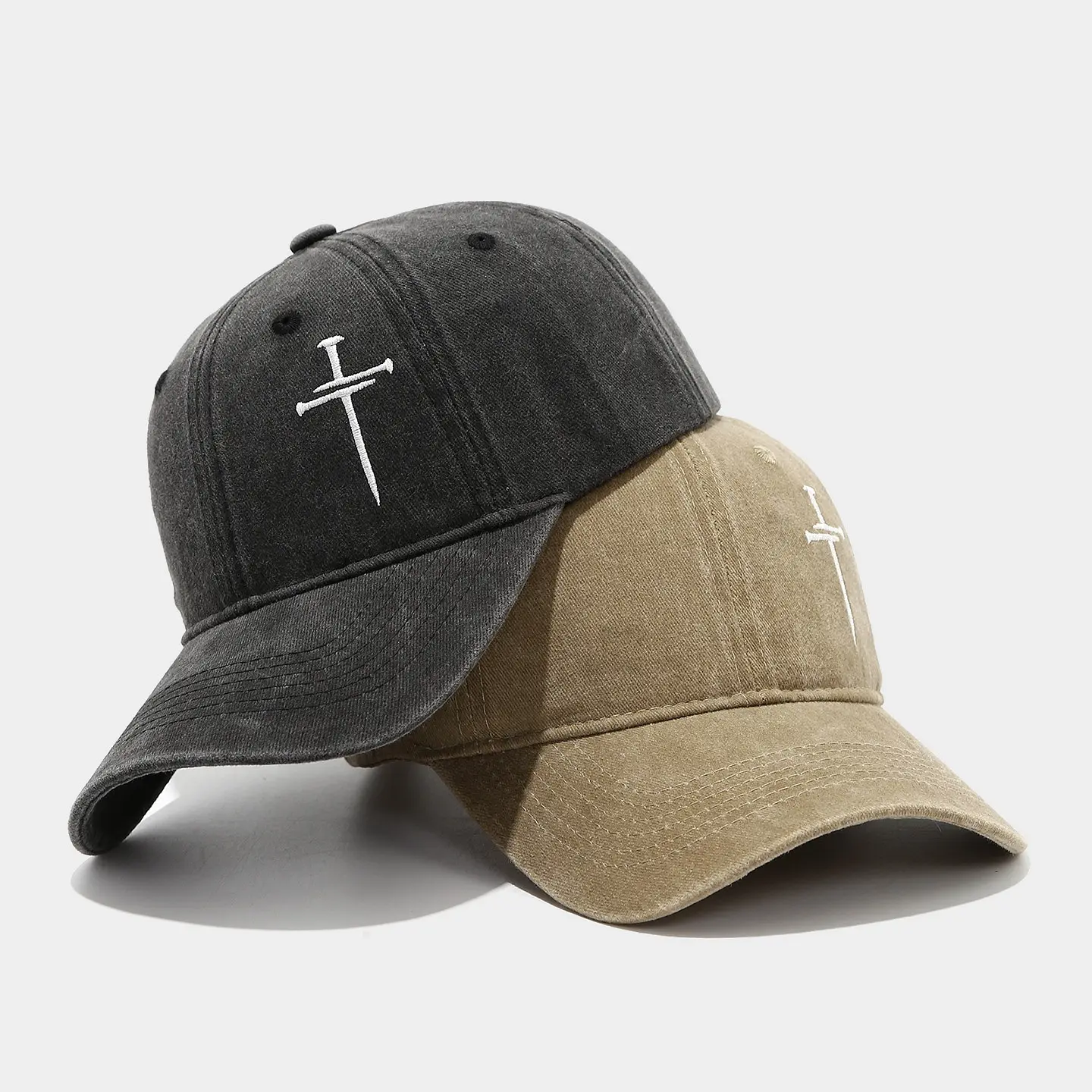 Cross nail hat for men and women, fun adjustable soft top, washed retro cotton embroidered cross baseball cap