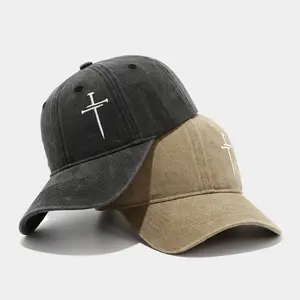 Cross nail hat for men and women, fun adjustable soft top, washed retro cotton embroidered cross baseball cap