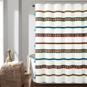Lush Decor Ava Boho Stripe Tassel Yarn Dyed Shower Curtain 72"W x 72"L Eco-Friendly GRS Certified Soft Touch Showercurtain