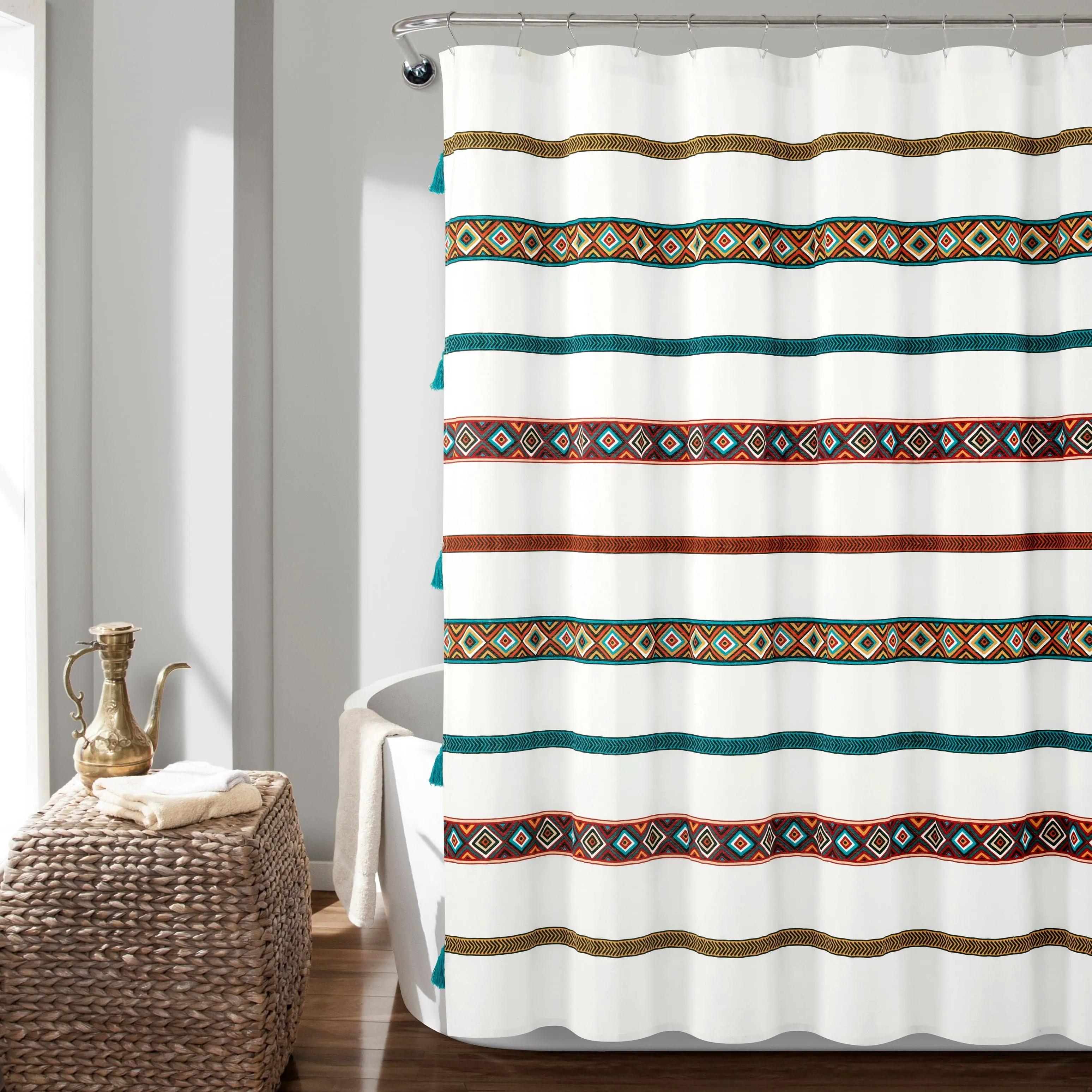 Lush Decor Ava Boho Stripes Tassels Yarn Dyed Cotton Shower Curtain, 72x72 in, GRS Certified Eco-Friendly Soft Touch, Iron-Safe for Cotton Towel Pairing, Ideal for Teen Bath, Bathroom Decor