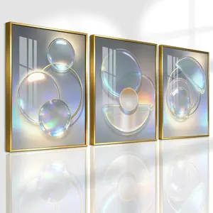 3 Counts Aluminum Alloy Framed Painting, Abstract Iridescent Glass Circles Design, Home Decoration For Living Room, Bedroom, Office, Restaurant, Hallway Wall Decor, Odorless Print Artwork, Luxury Perfect Gift For Friends And Family