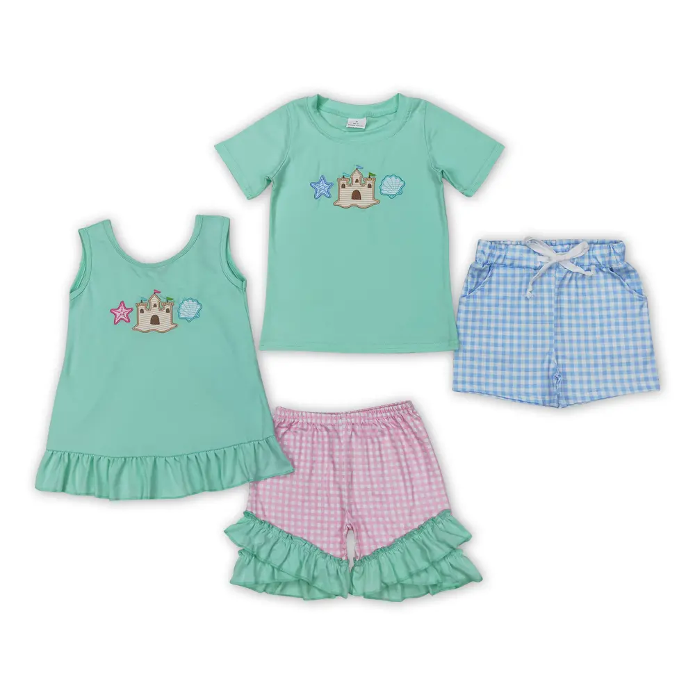 Sibling Matching Sets in Green Beach Castle Print, Soft Cotton Girls' Dresses & Tee Sets with Fitted Cut for Toddlers, Sizes 2T, 3-6m - 7/8, Clothing, Baby Girl Clothes, Shirts, Children, Tops, Outfits, Vibrant Print, Cute Look, 3/6M – 7/8T