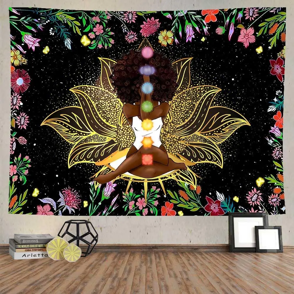 Linen African Traditional Tapestry, 80x60in African American Woman Inspirational Yoga Artwork Print Tapestry - Afro Zen Meditation Wall Art with Starry Sky Flower Garden, Indoor Home Decor for Bedroom Dorm, African Traditional Tapestries