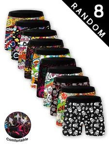 Men's Casual Set, Stretch Boxer Shorts, Cartoon Skull Graffiti Prints, Comfortable & Versatile, Long Four Corners Design