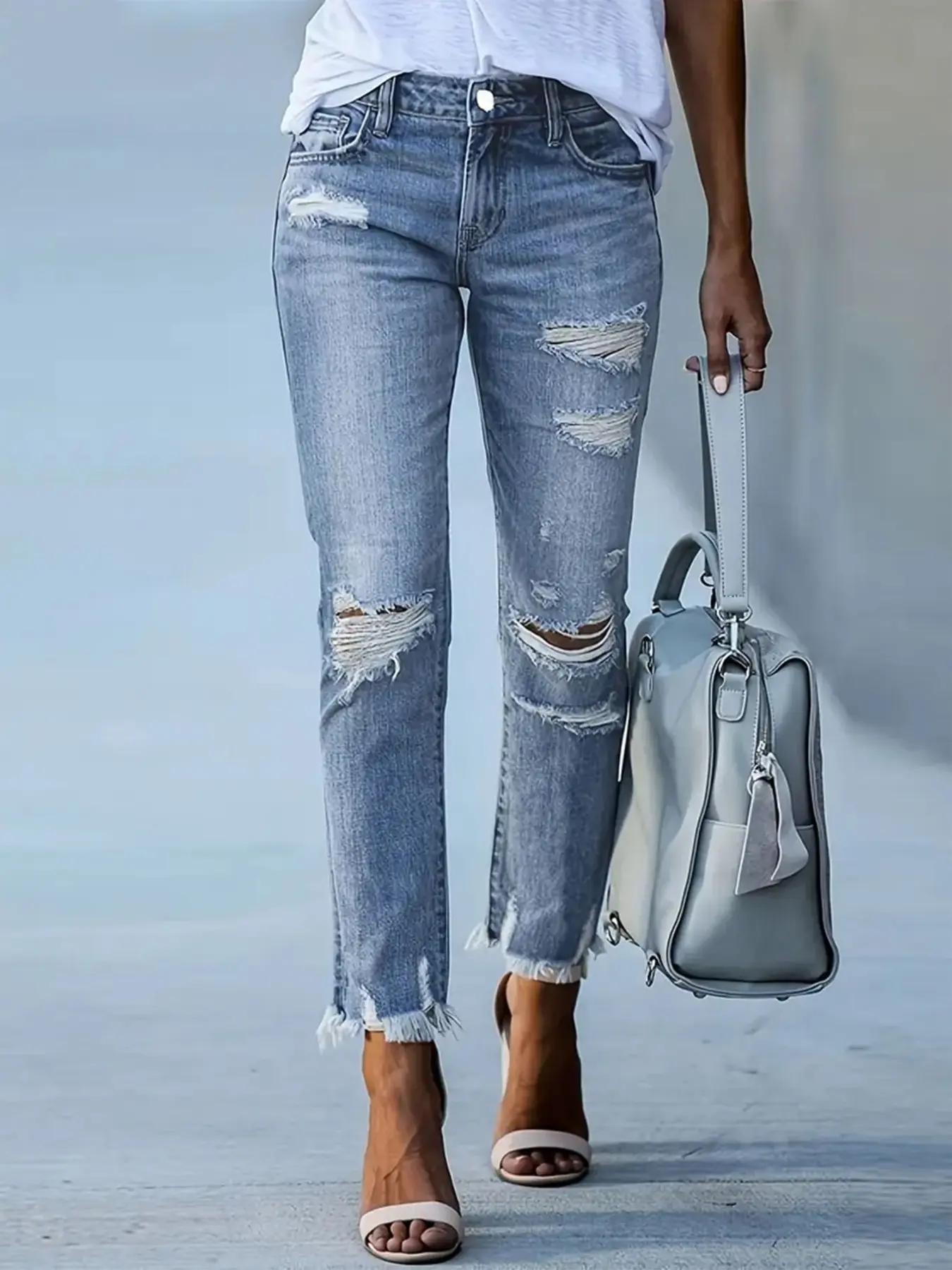 Women's Distressed Denim Jeans Trouser with Ripped Design, Elastic Fashion Versatile Blue Jean Pants, Slim-Fitting Casual Streetwear All Seasons Clothing, Womenswear