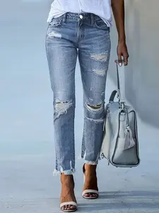 Women's Denim Jeans with Ripped Design, Elastic Fashion Versatile Blue Jean Pants, Slim-Fitting Casual All Seasons Clothing