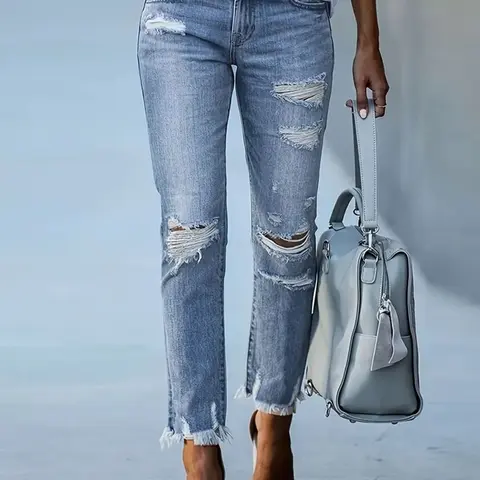 Women's Denim Jeans with Ripped Design, Elastic Fashion Versatile Blue Jean Pants, Slim-Fitting Casual All Seasons Clothing, Trouser