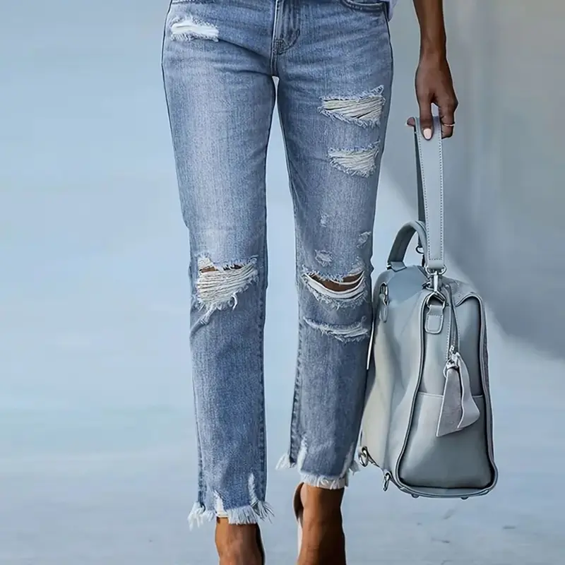 Women's Denim Jeans with Ripped Design, Elastic Fashion Versatile Blue Jean Pants, Slim-Fitting Casual All Seasons Clothing, Trouser