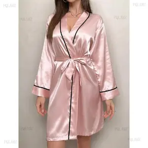 2025Women's Contrast Binding Belted Kimono Robe, Princess Robe, Dressing Gown for Women, Soft Bride's Robe for Honeymoon Wedding Bridal Party, Women's Sleepwear, Loungewear