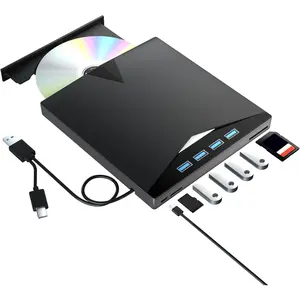 Portable 7-in-1 USB 3.0 External CD/DVD Drive for Laptop & PC, CD ROM Reader with 4 USB Ports & TF/SD Card Slots, Compatible with Windows, macOS & Linux burner CD/DVD