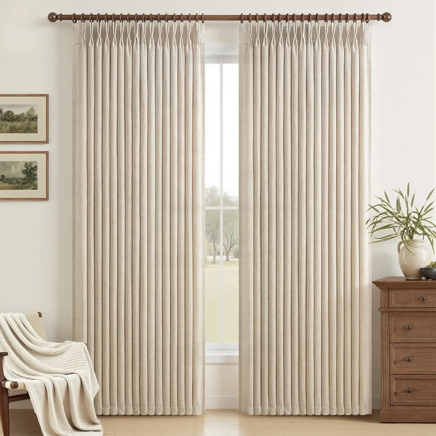 Pinch Pleated Semi Sheer Natural Linen Curtains 96 Inches Long for Living Room, Memory Trained Light Filtering 8FT Length Viral Windows Drapes Privacy Bedroom Modern Curtain 2 Panels Set Hooks Rings