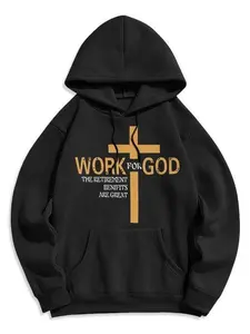 Work For God Cross Hoodie, Christian Faith Graphic Fleece-Lined Polyester Pullover Sweatshirt, Classic Style Religious Streetwear Gift