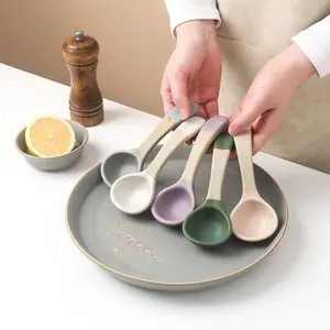 Cute Style Ceramic Soup Spoon Set, 5-Piece Long Handle, Non-Slip Base, Perfect for Japanese Ramen, Chinese Dumplings, Vietnamese Noodles