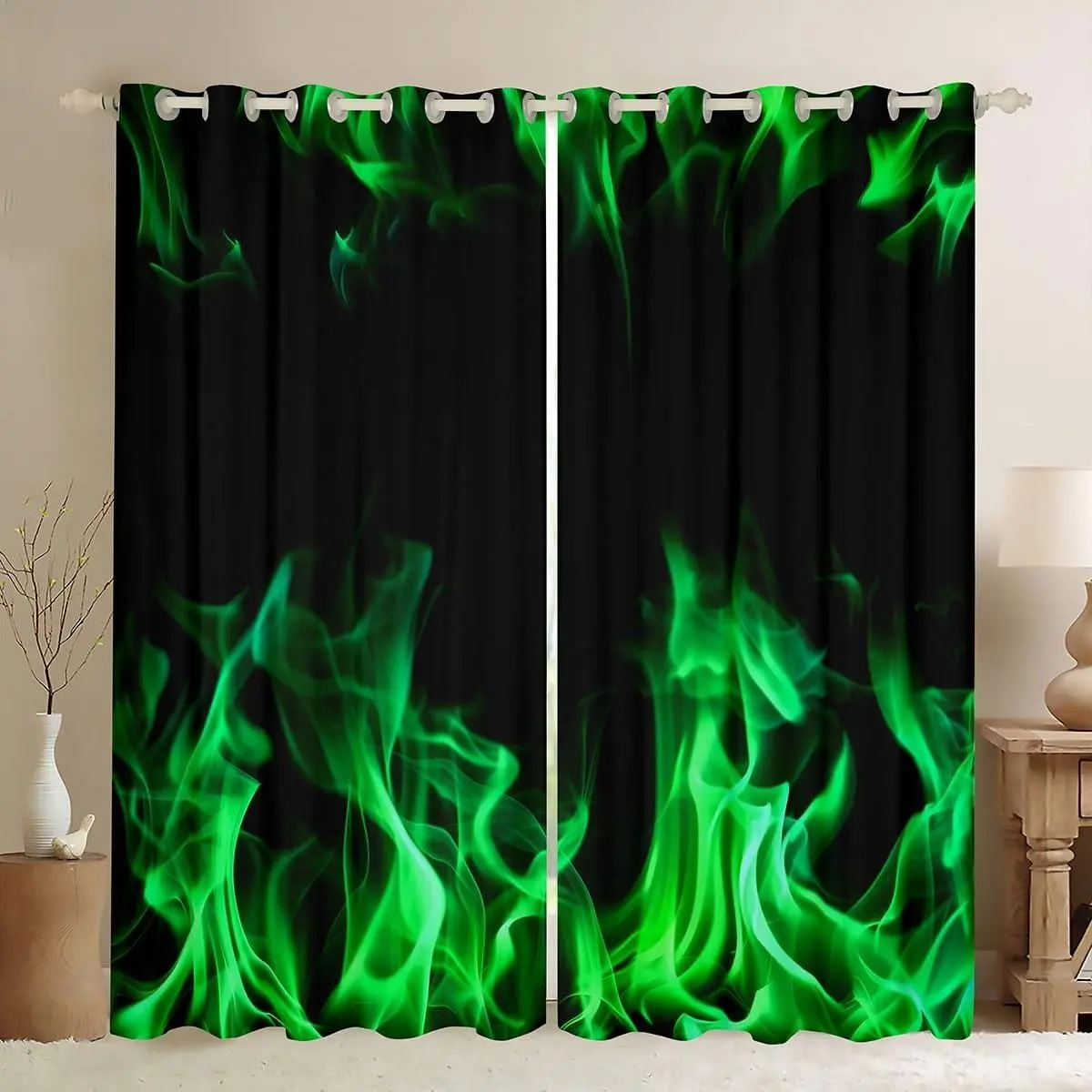 Green Flame Blackout Window Curtain,Cool Burning Flames Curtains Bedroom Decor,Modern Fashion Window Treatment Drapes Black Curtains Top 2 Panels