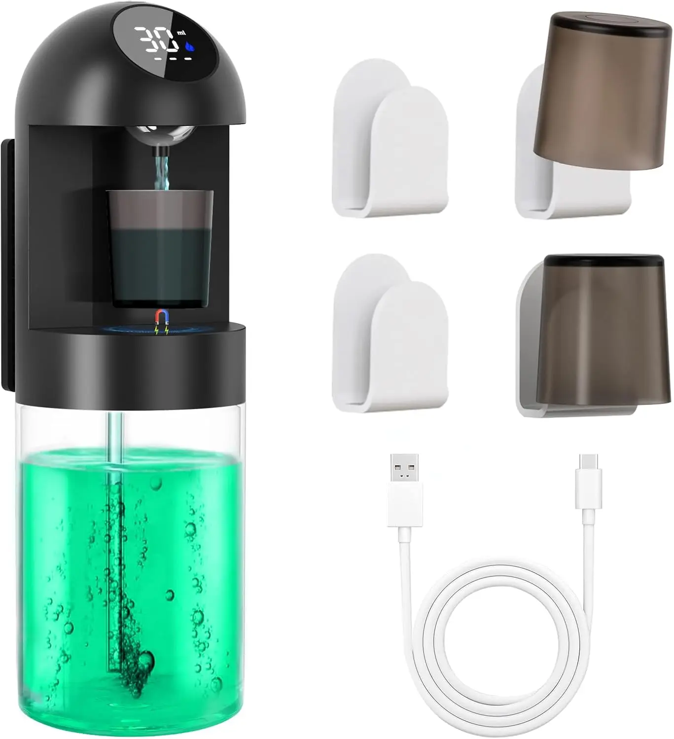 600 mL Black Automatic Mouthwash Dispenser for Bathroom - Intelligent Induction, Precise Volume Dispensing, Hygienic, Convenient, Adjustable, Transparent, Sturdy Large Tank Container, Synthetic Material, for The Whole Family Protection, Led Display & Rech