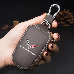 D-Type Leather Keychain Zipper Pouch with Metal Hook, Suitable for Corvette C1-C8 Car Accessories, Durable and Stylish Design